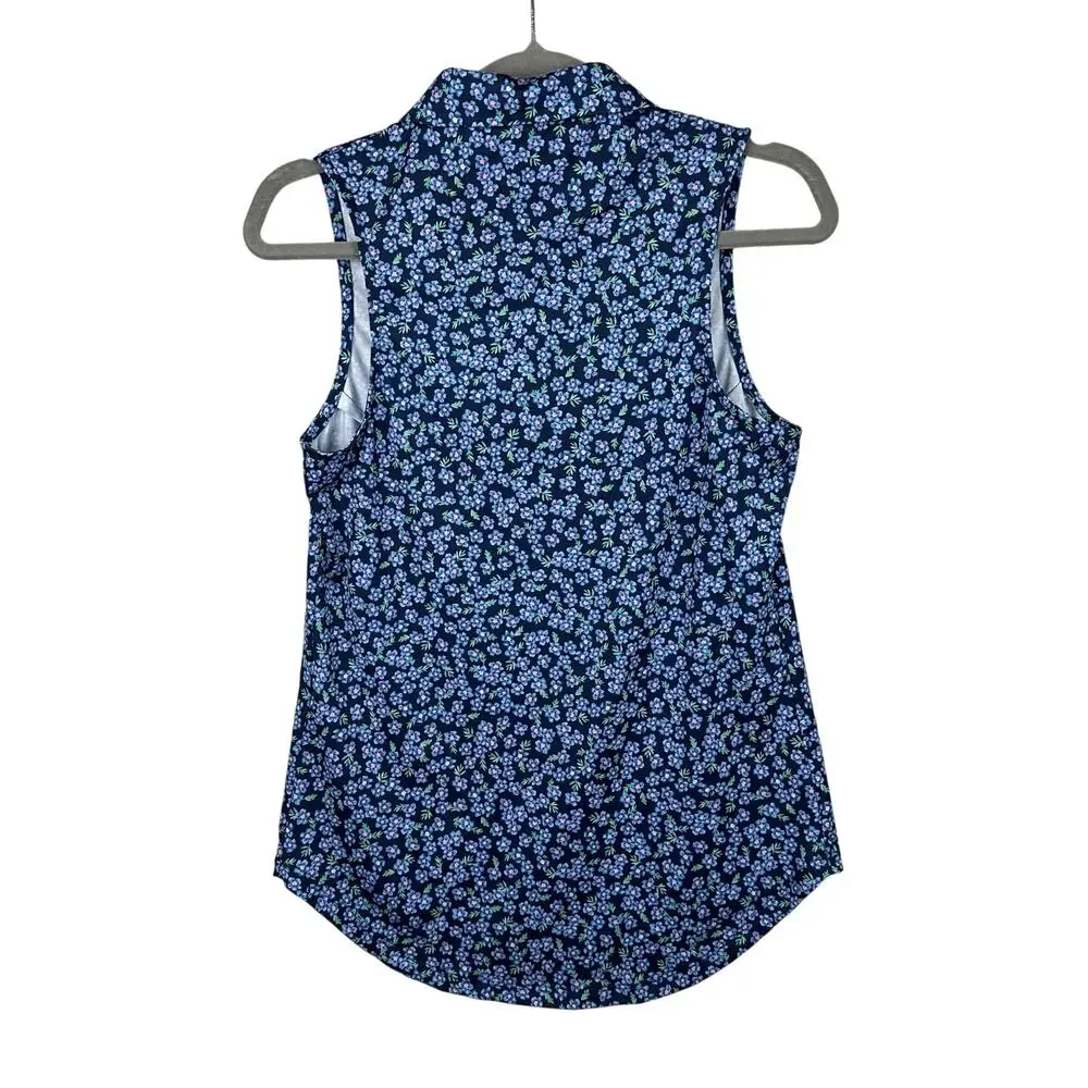 Bad Birdie Sleeveless Collared Shirt Size S Navy Floral Tennis Pickleball Golf - Picture 2 of 7